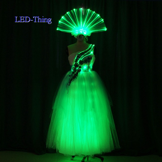 LED Long Fancy Flower Dance Dress with Fan Headwear