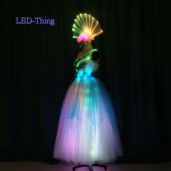 LED Long Fancy Flower Dance Dress with Fan Headwear