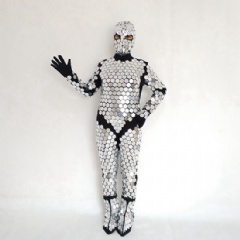 Fabulous Mirror Shiny Silver Costume Suit with Hookie, Gloves, Shoe Covers